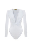 White Chandra bodysuit by Acaria Studio, close-up of sleek, fitted tops with long sleeves and scoop neckline.