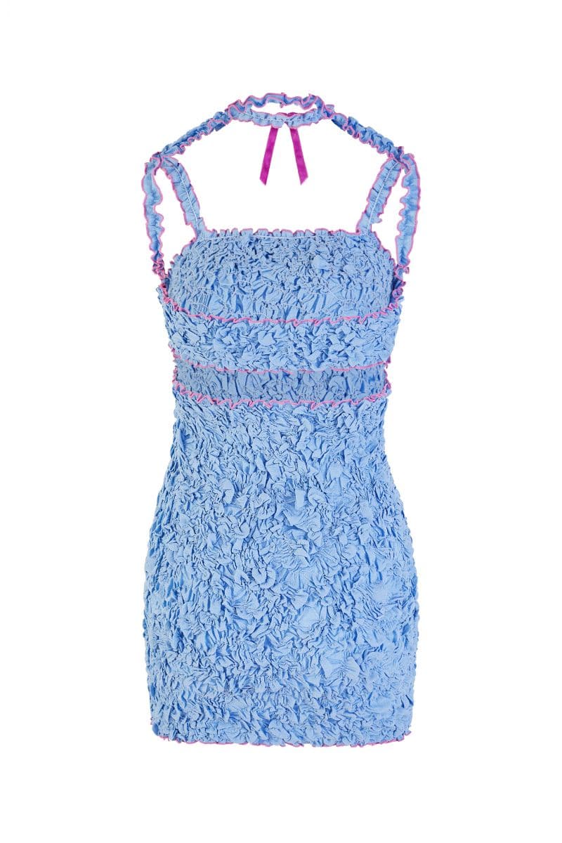 BLUE SMOCKED MINI DRESS WITH CONTRASTING PINK HEMMING | Chictopia | CULT MIA