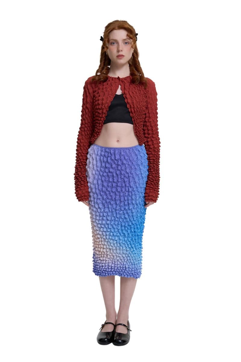 Brown popcorn pleats open front top by Chictopia, featuring a stylish design with textured pleats and a relaxed fit.