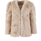 Chictopia tan faux fur jacket for women, stylish and cozy, shown on a model with a front view and open design.