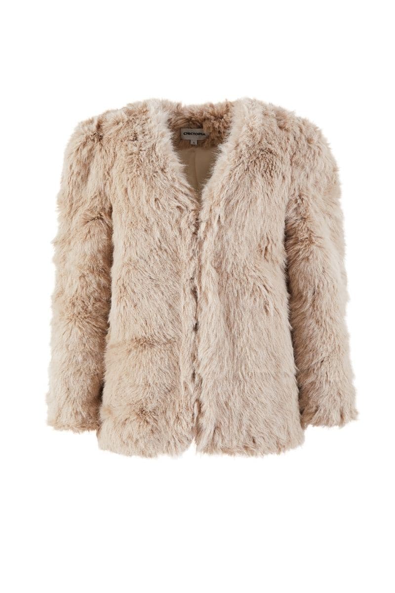 Chictopia tan faux fur jacket for women, stylish and cozy, shown on a model with a front view and open design.