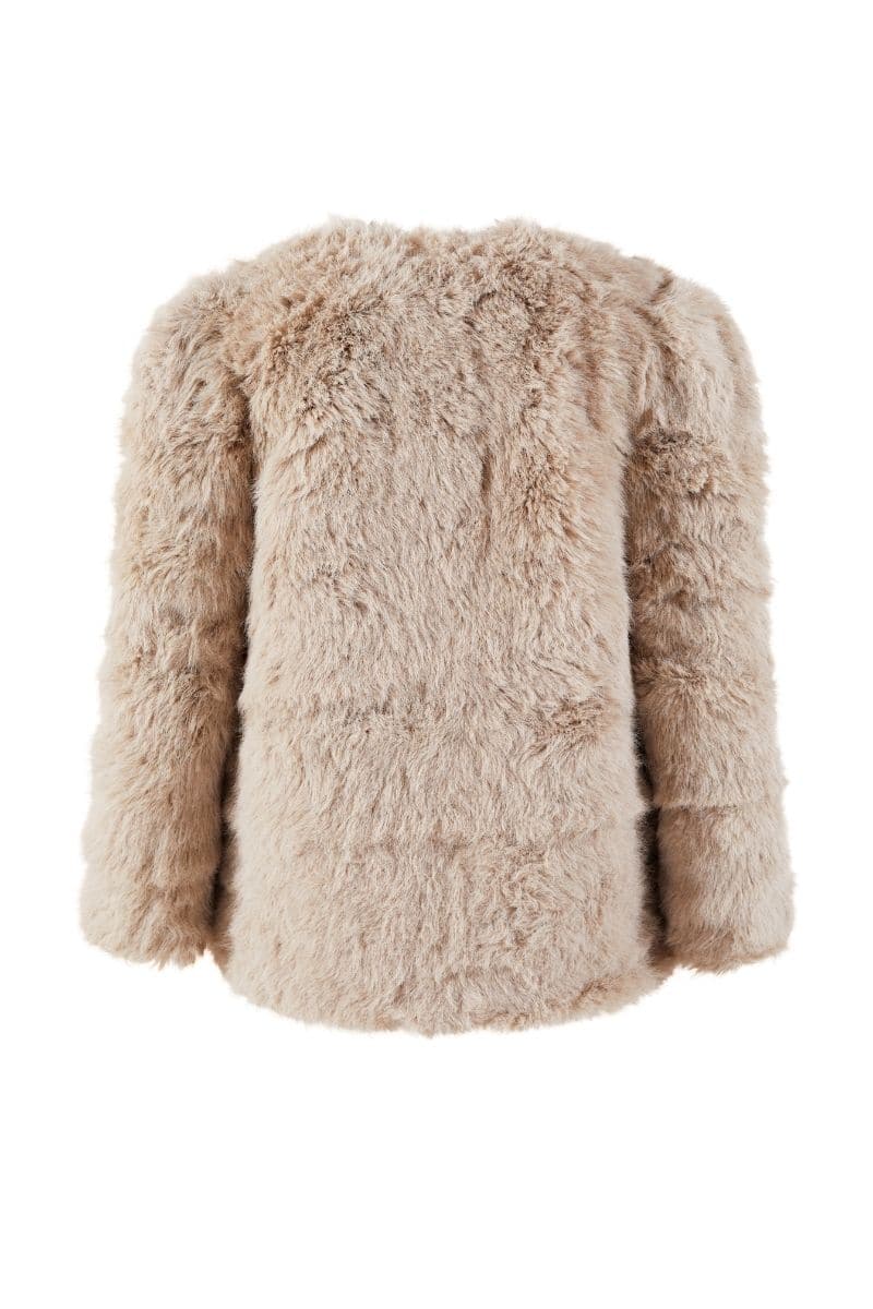 Tan faux fur jacket from Chictopia, featuring a plush, textured exterior and stylish collar, perfect for cozy winter wear.