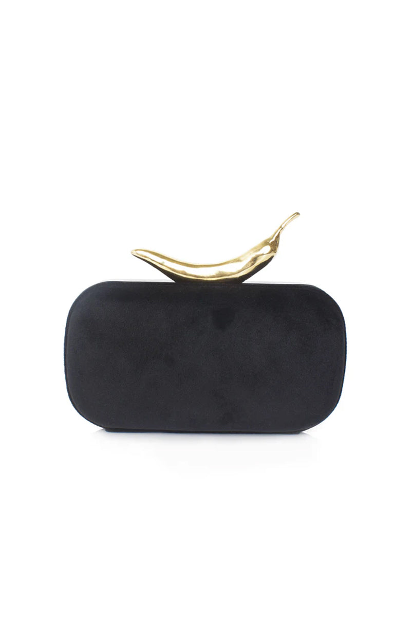 Sarah's Bag chili-shaped black velvet box clutch with sleek design and compact size, perfect for evening accessories.