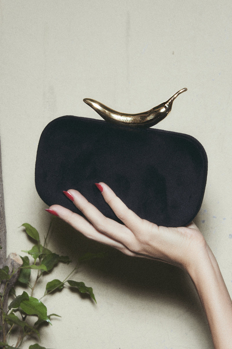 Sarah's Bag chili on black velvet box clutch, stylish evening bag with a vibrant chili design and elegant velvet finish