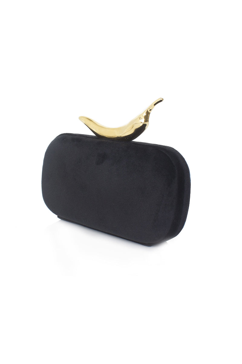 Sarah's Bag chili on black velvet box clutch with side view, showcasing the elegant design and compact style.