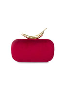 Red velvet clutch bag with chili design from Sarah's Bag, featuring a sleek box clutch style with a decorative chili motif.