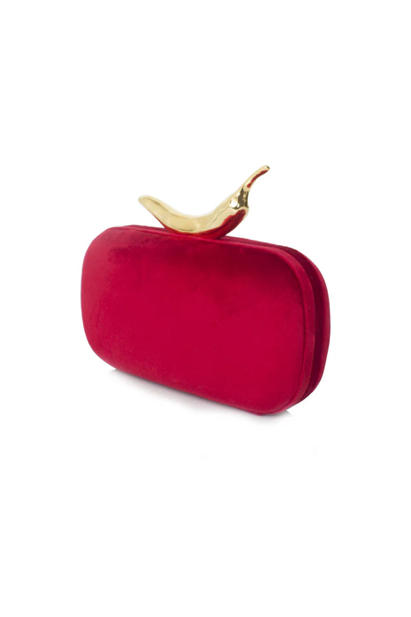 Red velvet box clutch with chili design from Sarah's Bag, showcasing side view and elegant craftsmanship.