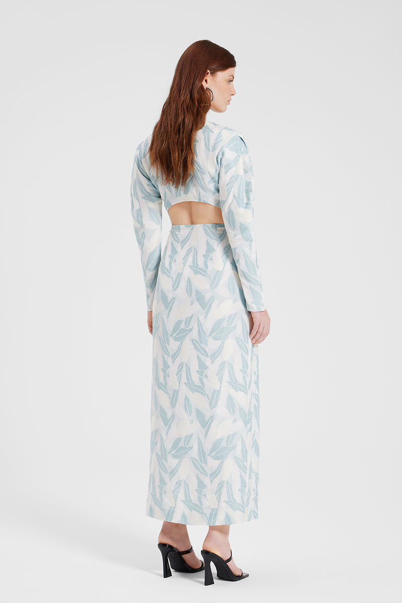 Nara Niro Christie cut-out floral maxi dress with vibrant print and flowing fabric, perfect for summer occasions.