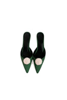Forest green kitten heels by Christin Wu, featuring a sleek design with a pointed toe and elegant heel height.