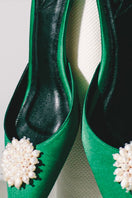 Forest green kitten heels by Christin Wu featuring a sleek design and pointed toe, size EU 36.