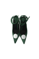 Christin Wu Nina Pearl Embroidered Heels in tourmaline green with pearl details, size EU 36, showing elegant front view.