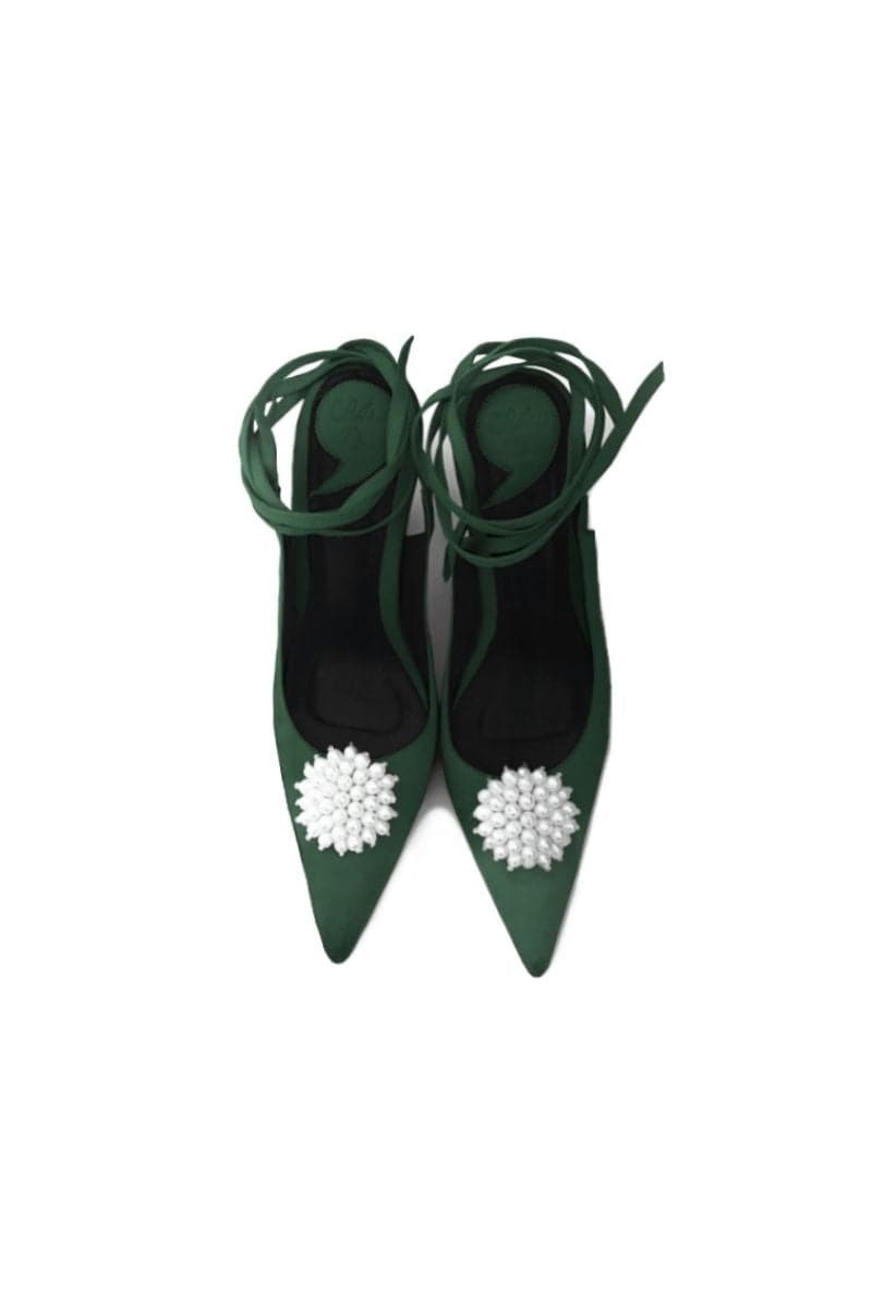 Christin Wu Nina Pearl Embroidered Heels in tourmaline green with pearl details, size EU 36, showing elegant front view.