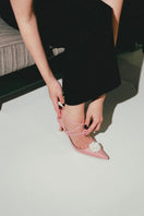Christin Wu Nina Pearl Embroidered Heels in tourmaline green, featuring intricate pearl embroidery and a sleek heel design.