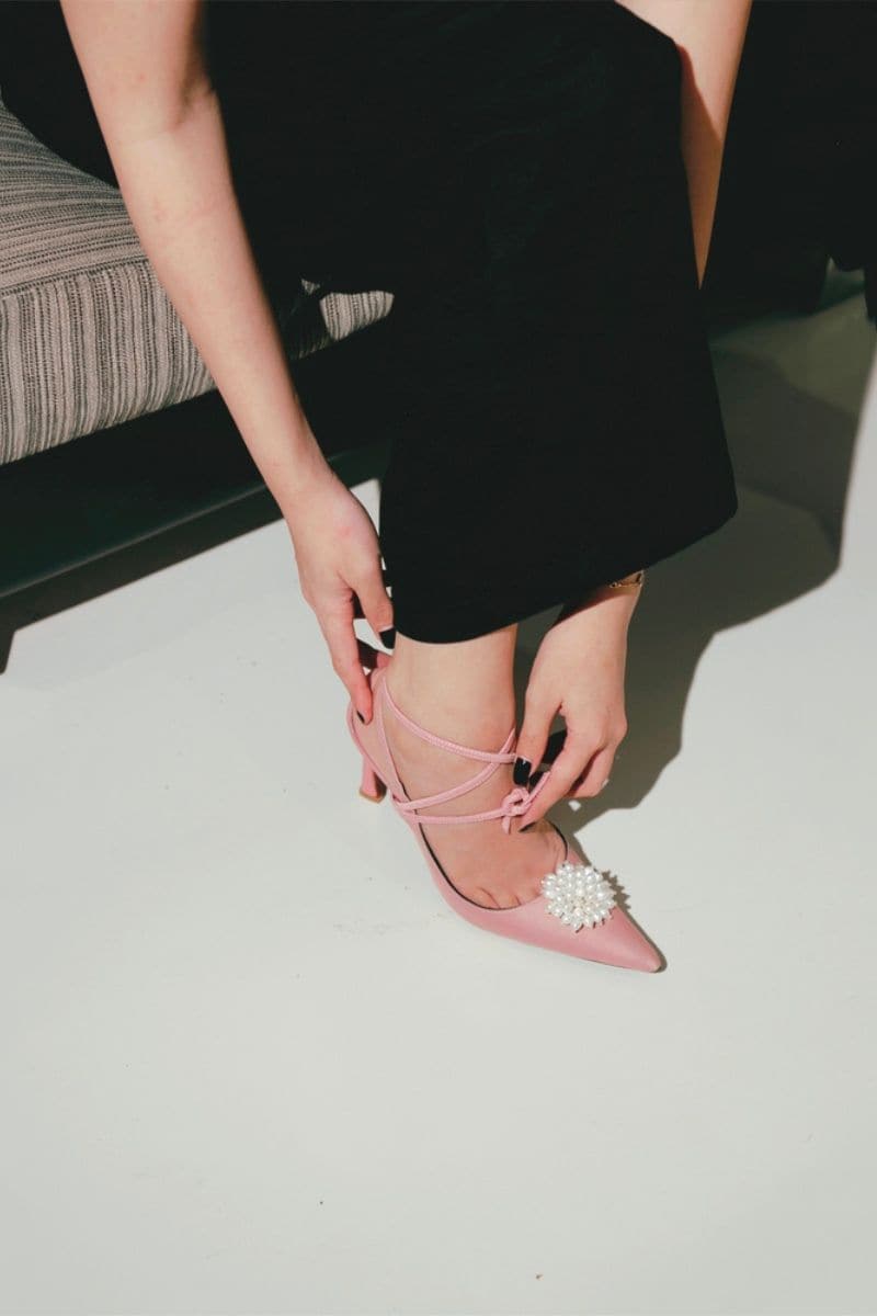 Christin Wu Nina Pearl Embroidered Heels in tourmaline green, featuring intricate pearl embroidery and a sleek heel design.