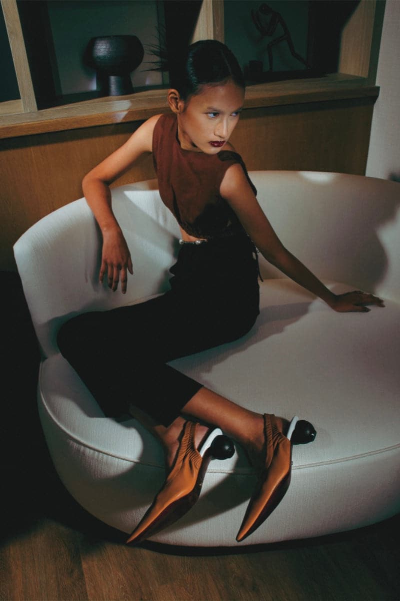 Christin Wu Phoebe caramel sling-back heels with pointed toes and elegant heel, perfect for stylish occasions.