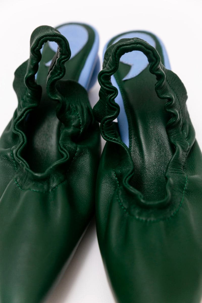 Christin Wu Phoebe Tourmaline Green Mules, stylish green heels with a sleek design, size EU 36, on a neutral background.