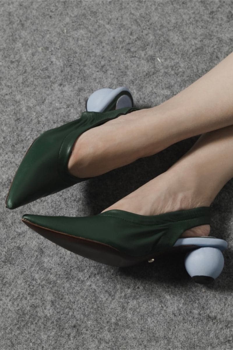 Christin Wu Phoebe Tourmaline Green Mules heels in EU size 36, featuring vibrant green fabric and stylish slip-on design.