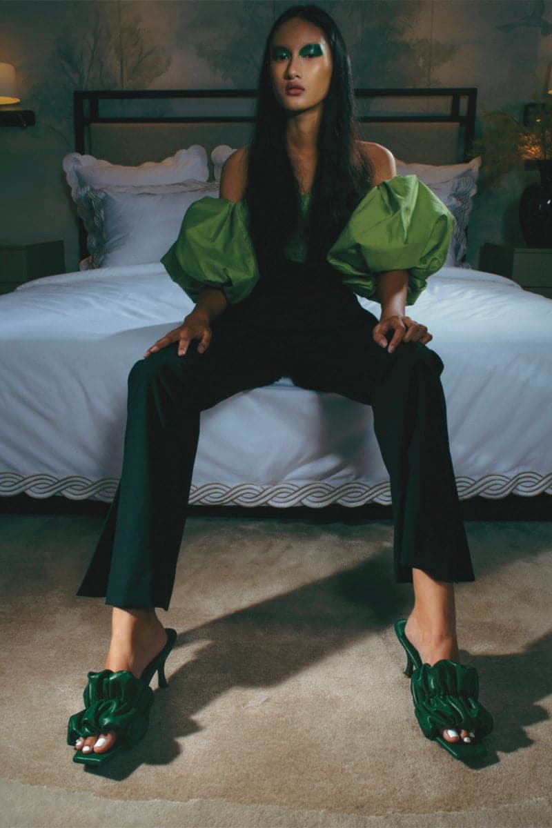 Christin Wu Poppy Tourmaline Green Mules with heels, showcasing sleek design and vibrant green color, size EU 36.