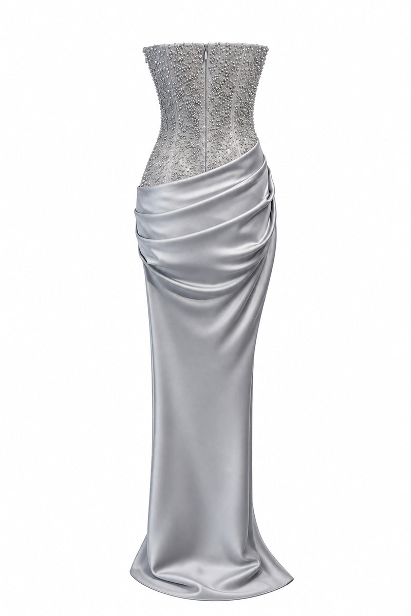 Urban Muse Clarisse gown in grey, elegant long dress with a flowing silhouette, perfect for formal occasions.
