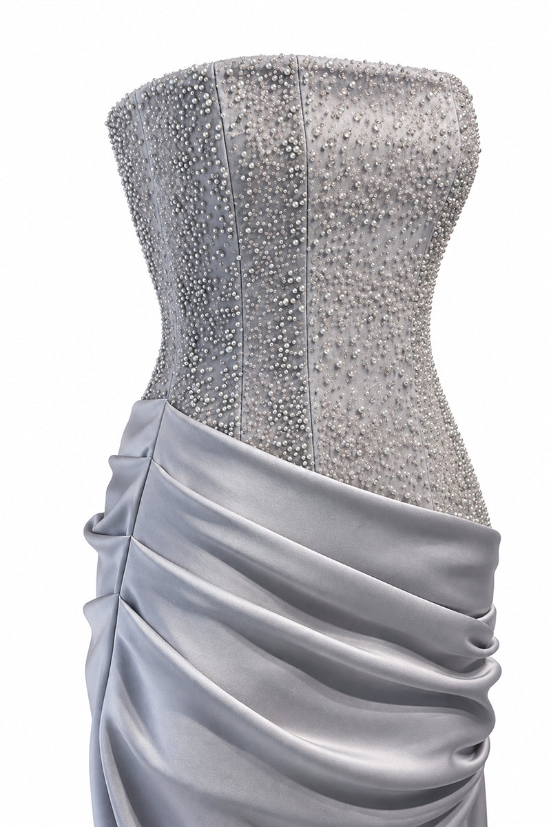 Urban Muse Clarisse gown in grey, elegant full-length dress with a flowing design and subtle fabric texture.
