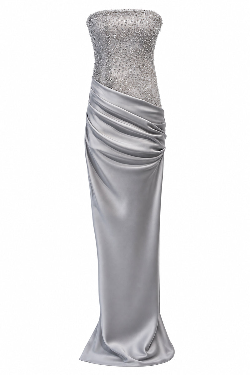 Urban Muse Clarisse grey gown with flowing fabric and elegant design, styled for a sophisticated evening look.