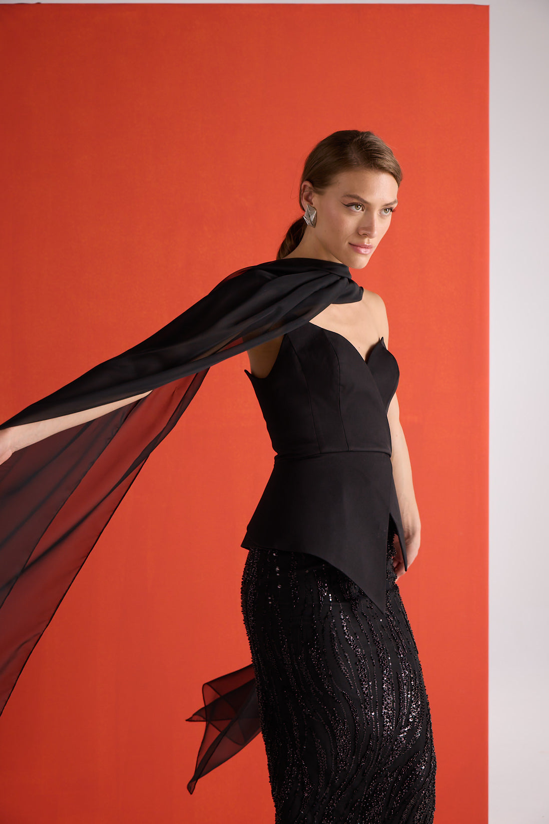 Black embroidered corset set by Joanna Andraos, close-up of detailed embroidery on the stylish co-ords.