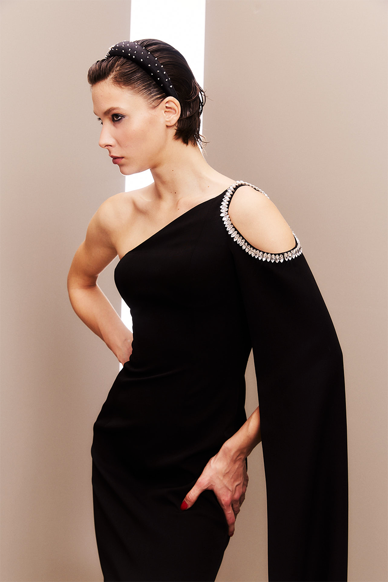 ASYMMETRIC STONE-EMBELLISHED BLACK GOWN - CULT MIA