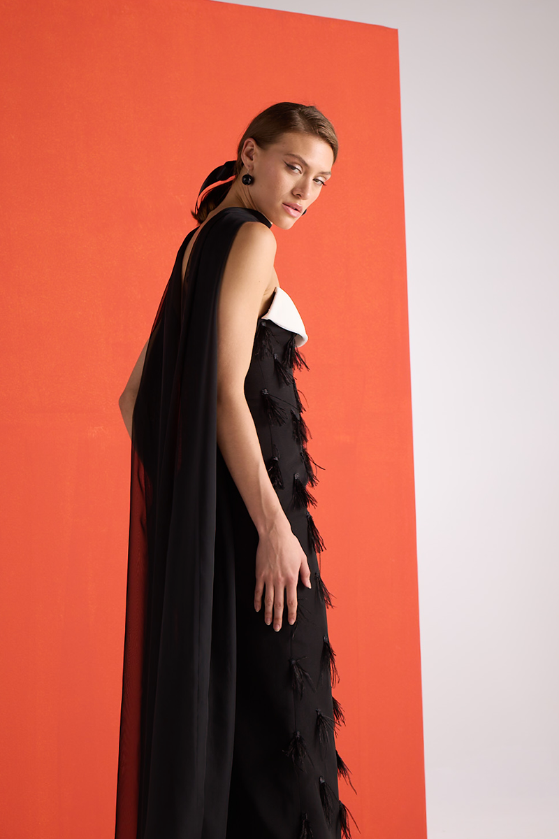 Close-up of Joanna Andraos black feather corset gown showing intricate feather detailing and elegant fabric.