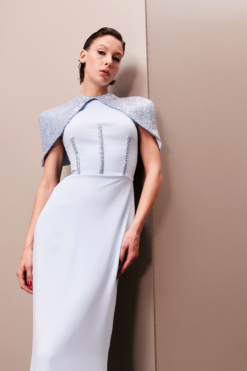 BABY BLUE CORSET DRESS WITH DETACHABLE EMBROIDERED CAPE - CULT MIA