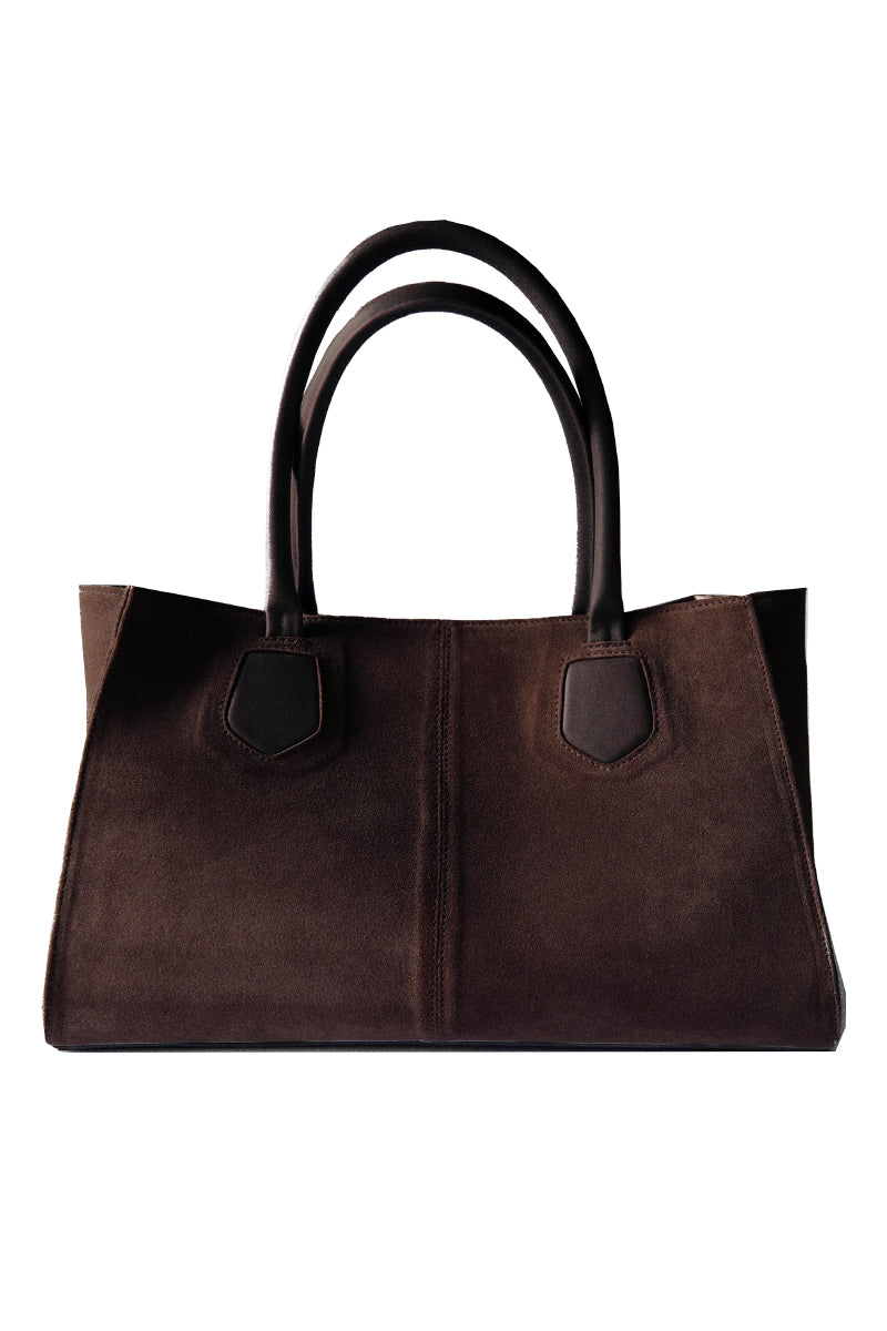 Large chocolate brown Credo bag by Rose de Mai, top handle design with structured style and spacious interior.