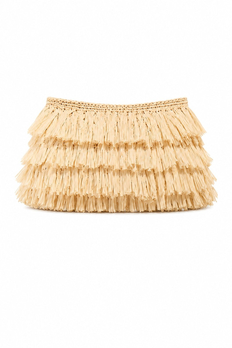 Crochet raffia ivory clutch bag by Folklore The Label featuring a woven texture and compact design.