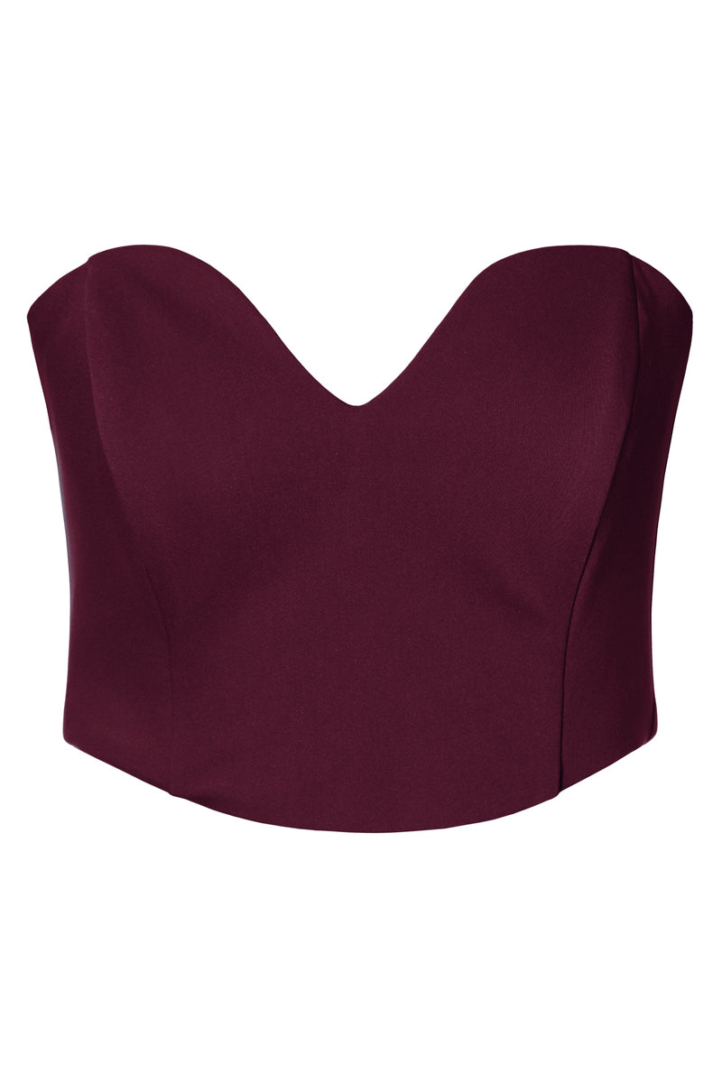 AGGI by Halewski burgundy wine Lara corset top featuring structured design and adjustable straps on a plain background.
