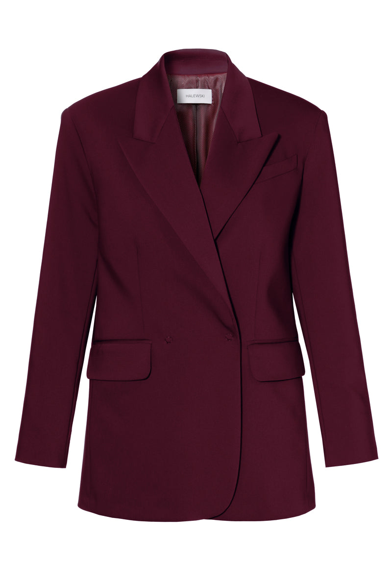 AGGI by HALEWSKI burgundy wine blazer, tailored fit with lapel collar, front buttons, and stylish design, shown on a model.