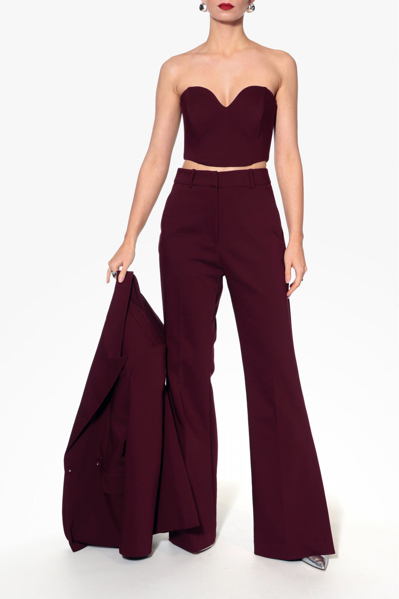 AGGI by Halewski LARA Burgundy Wine Corset top, fitted with lace-up details and adjustable straps, on a white background.