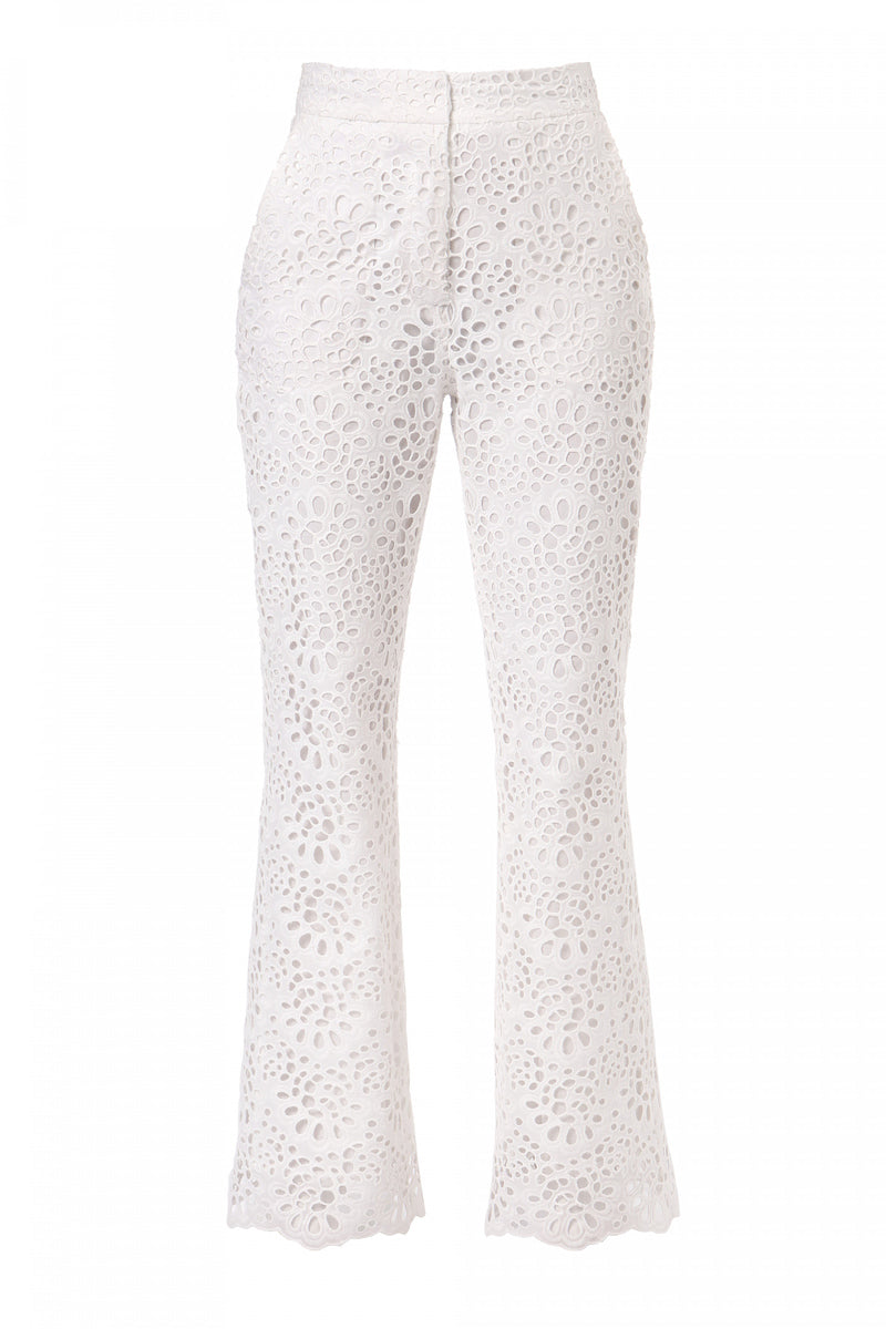 Off-white embroidered pants by AGGI by Halewski featuring detailed embroidery and a relaxed fit.