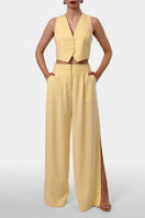 AGGI by Halewski OMENA butter yellow pants, stylish casual pants with a relaxed fit, displayed on a model.