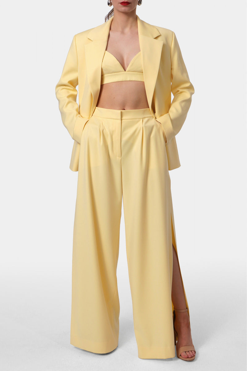 AGGI by Halewski OMENA Butter Yellow Pants, stylish casual pants with a relaxed fit, shown on a model.