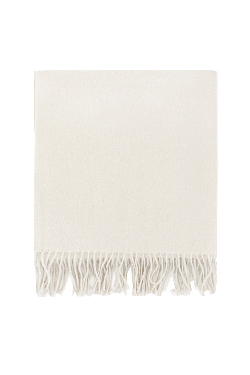 Aethera Helena cashmere shawl in Blanc, draped elegantly to showcase soft, luxurious fabric and classic design.
