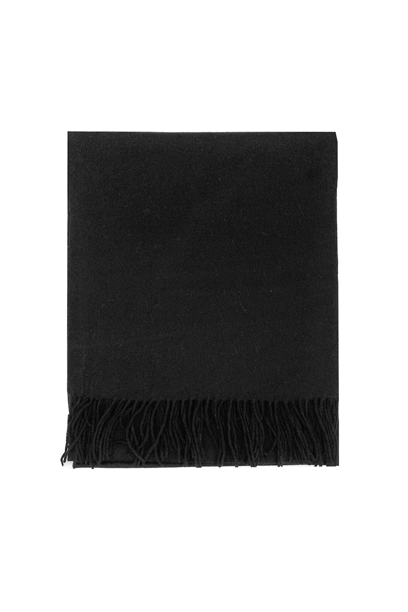 Aethera Helena cashmere shawl in Nero, draped elegantly, showcasing soft black cashmere fabric and versatile scarf style.
