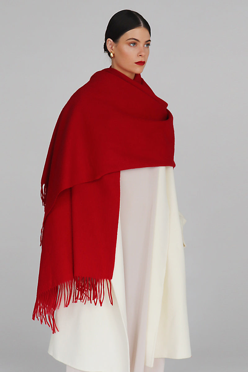 Aethera Serene Lambswool Shawl in crimson, soft and cozy scarf draped elegantly, highlighting its warm, luxurious texture.