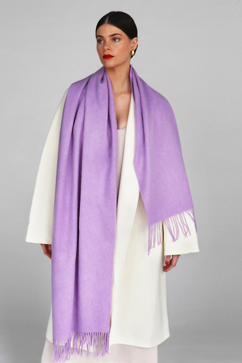 Aethera Serene lambswool mauve shawl draped elegantly, showcasing soft, cozy fabric and versatile accessory for stylish warmth.