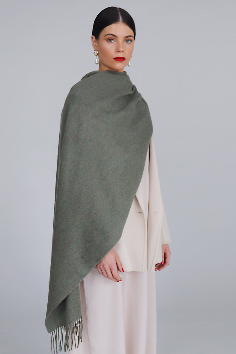 Aethera Serene Lambswool Shawl in celadon color, showcasing soft, woven fabric with elegant drape and subtle texture.