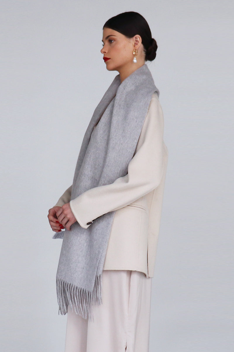 Aethera Helena cashmere shawl in marle, draped elegantly showing its soft texture and versatile style for scarves and shawls.