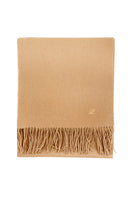 Aethera Helena cashmere shawl in camel color, draped to showcase soft, luxurious fabric and elegant design.