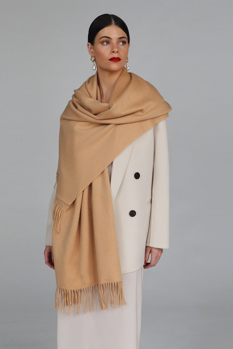 Aethera Helena cashmere shawl in camel, soft and cozy scarf draped elegantly, highlighting luxurious cashmere fabric and warm neutral tone.
