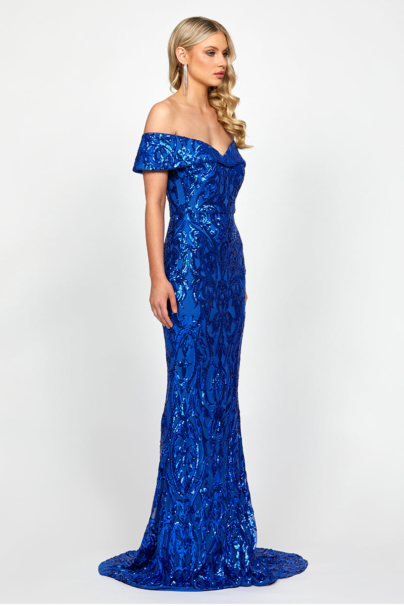 ARIYAH OFF SHOULDER GOWN IN COBALT - CULT MIA