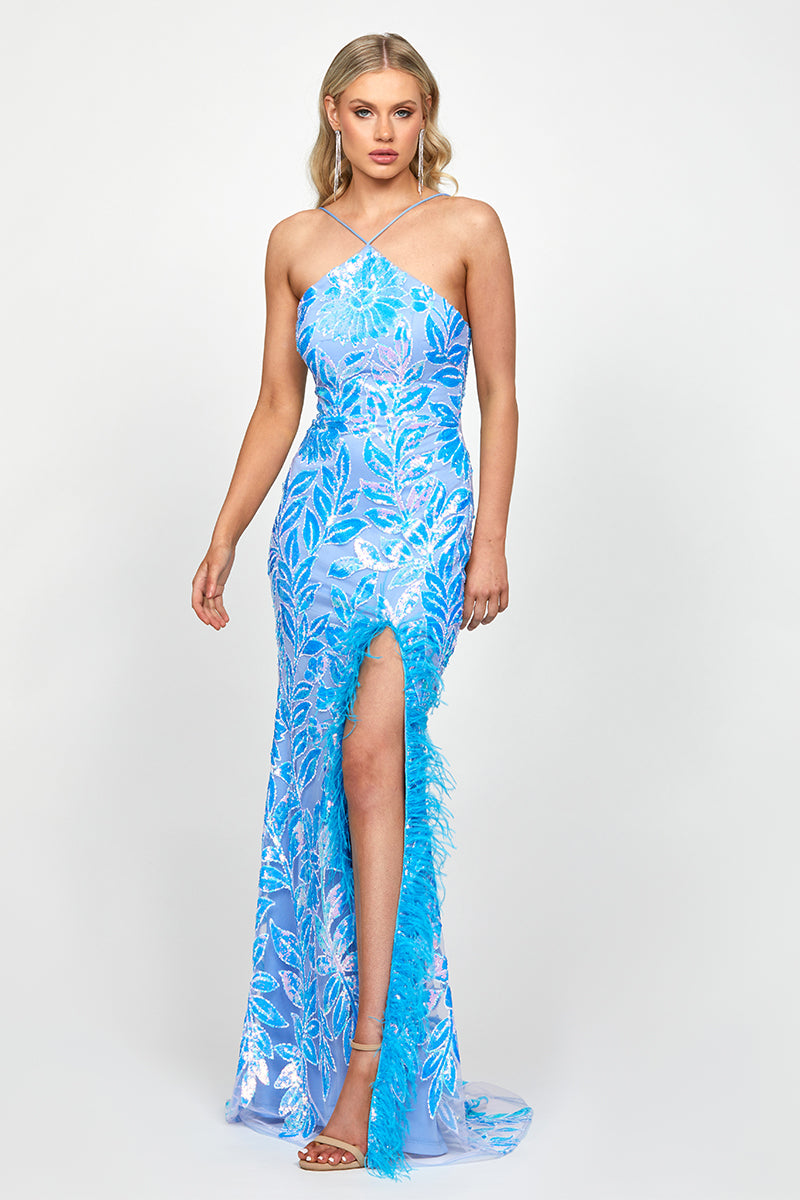ATIRA FEATHERED GOWN IN IRRIDESCENT BLUE - CULT MIA