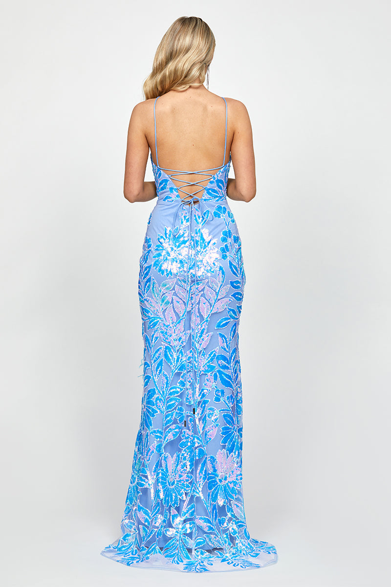 ATIRA FEATHERED GOWN IN IRRIDESCENT BLUE - CULT MIA