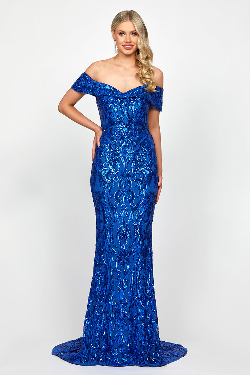 ARIYAH OFF SHOULDER GOWN IN COBALT - CULT MIA