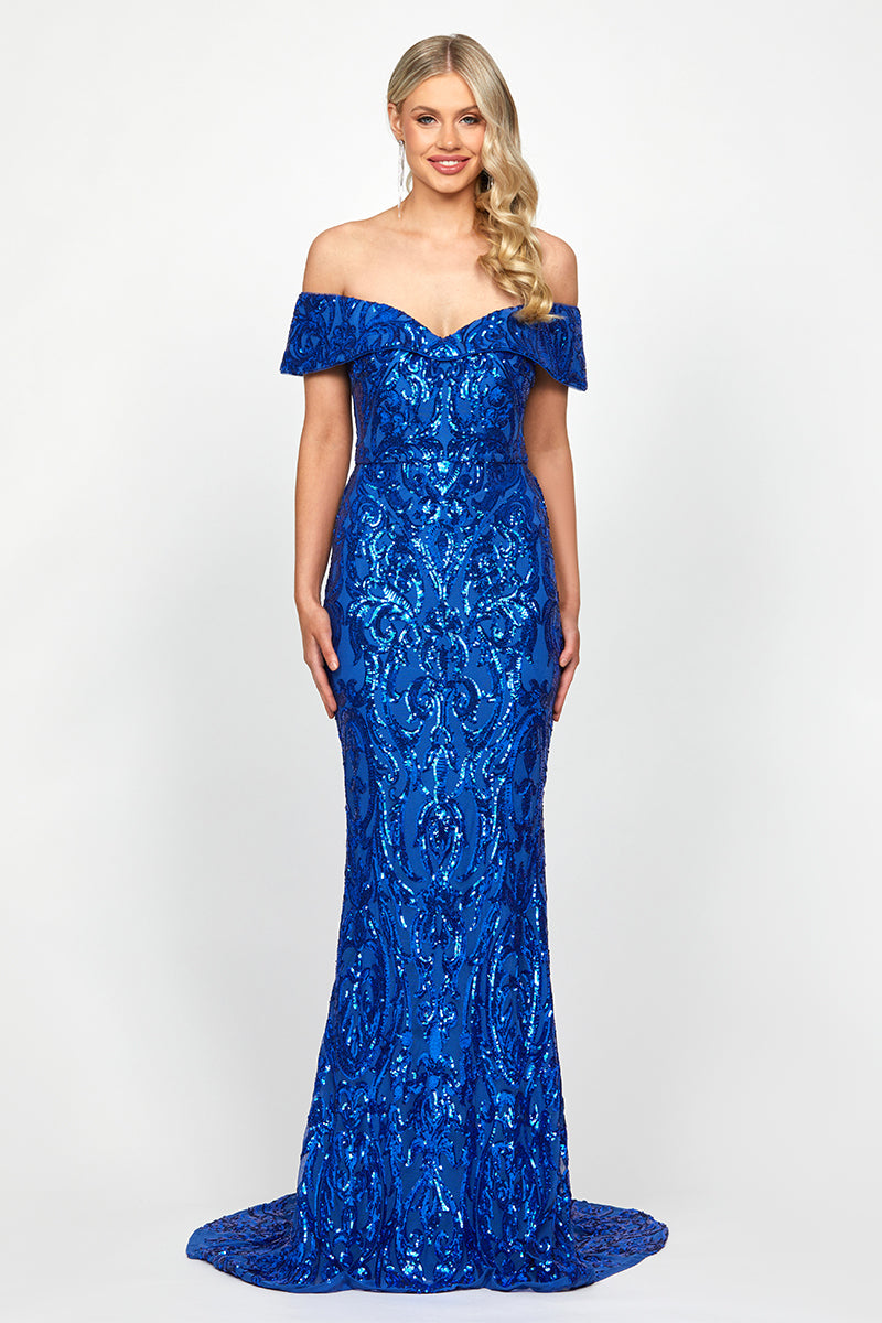 ARIYAH OFF SHOULDER GOWN IN COBALT - CULT MIA